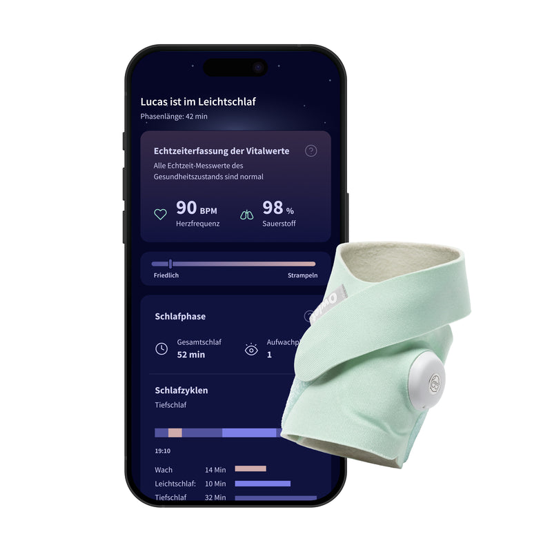 Mint Owlet Dream Sock next to a phone showing the Owlet app